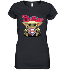 Baby Yoda Hugs Loves The Philadelphia Phillies Baseball Womens V-Neck T-Shirt Womens V-Neck T-Shirt - VeigarTee