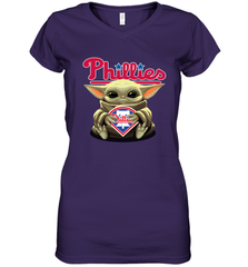 Baby Yoda Hugs Loves The Philadelphia Phillies Baseball Womens V-Neck T-Shirt Womens V-Neck T-Shirt - VeigarTee