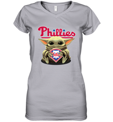 Baby Yoda Hugs Loves The Philadelphia Phillies Baseball Womens V-Neck T-Shirt Womens V-Neck T-Shirt - VeigarTee