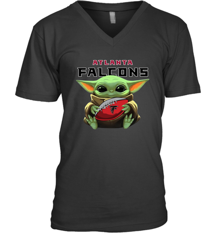Baby Yoda Loves The Atlanta Falcons Star Wars Baby Yoda Hugs Falcons NFL Mens V-Neck T-Shirt Mens V-Neck T-Shirt / Black / S Mens V-Neck T-Shirt - VeigarTee