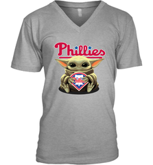 Baby Yoda Hugs Loves The Philadelphia Phillies Baseball Mens V-Neck T-Shirt Mens V-Neck T-Shirt - VeigarTee