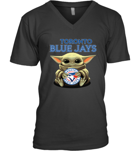 Baby Yoda Hugs Loves The Toronto Blue Jays Baseball Mens V-Neck T-Shirt Mens V-Neck T-Shirt / Black / S Mens V-Neck T-Shirt - VeigarTee