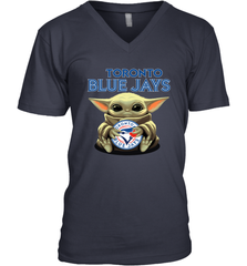 Baby Yoda Hugs Loves The Toronto Blue Jays Baseball Mens V-Neck T-Shirt Mens V-Neck T-Shirt - VeigarTee