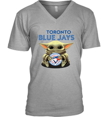 Baby Yoda Hugs Loves The Toronto Blue Jays Baseball Mens V-Neck T-Shirt Mens V-Neck T-Shirt - VeigarTee