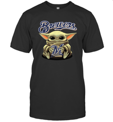 Baby Yoda Hugs Loves The Milwaukee Brewers Baseball Mens T-Shirt