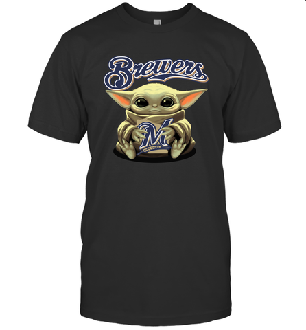 Baby Yoda Hugs Loves The Milwaukee Brewers Baseball Mens T-Shirt Mens T-Shirt / Black / S Mens T-Shirt - VeigarTee