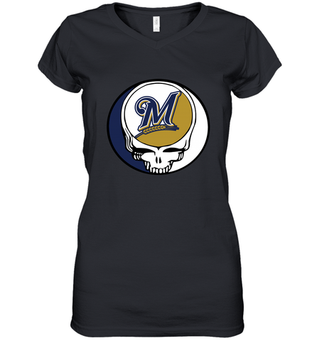 Milwaukee Brewers Grateful Dead Steal Your Face Baseball Womens V-Neck T-Shirt Womens V-Neck T-Shirt / Black / S Womens V-Neck T-Shirt - VeigarTee