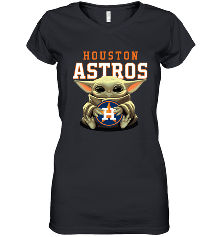 Baby Yoda Hugs Loves The Houston Astros Baseball Womens V-Neck T-Shirt Womens V-Neck T-Shirt / Black / S Womens V-Neck T-Shirt - VeigarTee